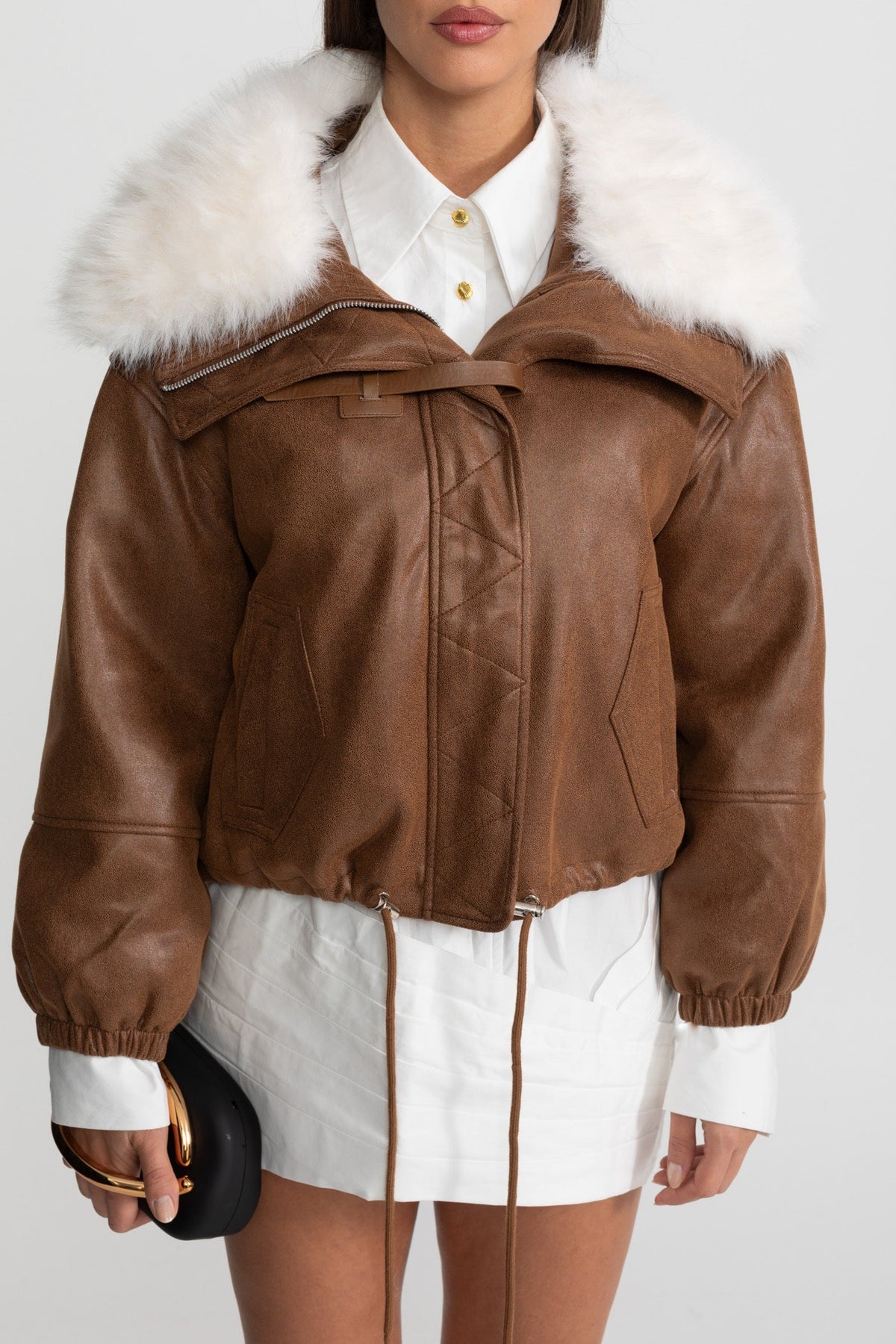 Cropped Suede Jacket with Faux Fur Lapel Collar – Brown – view 6