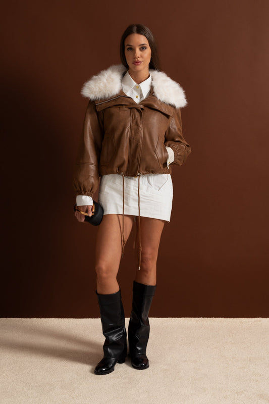 Cropped Suede Jacket with Faux Fur Lapel Collar – Brown – view 2