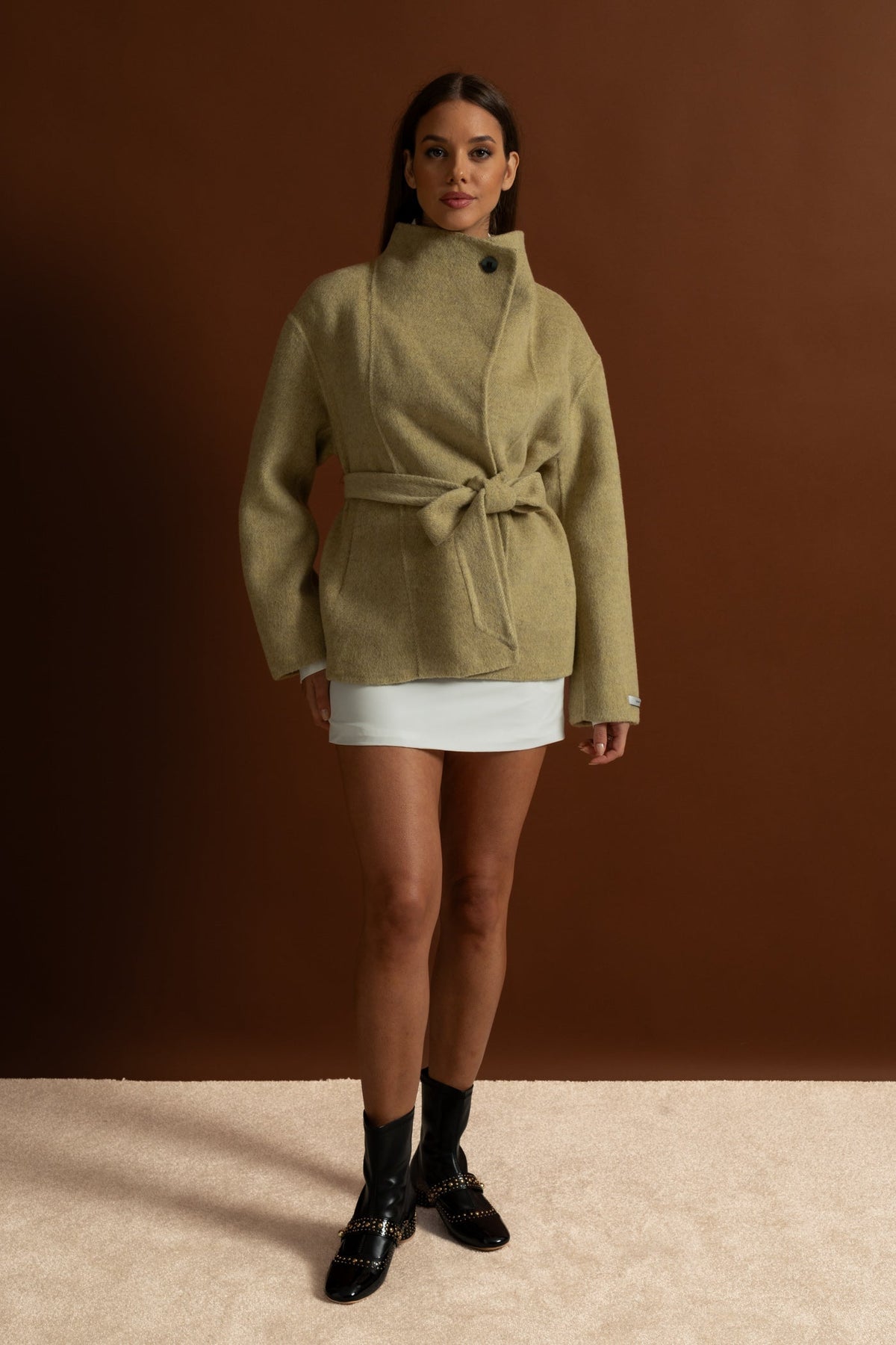 Belted Wool Blend Mini Coat with High Neck and Wide Sleeves – Beige