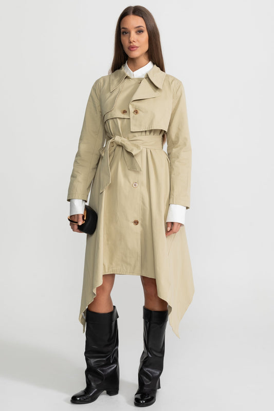 Long Double-Breasted Trench Coat with Tie Belt and Asymmetric Hem – Beige
