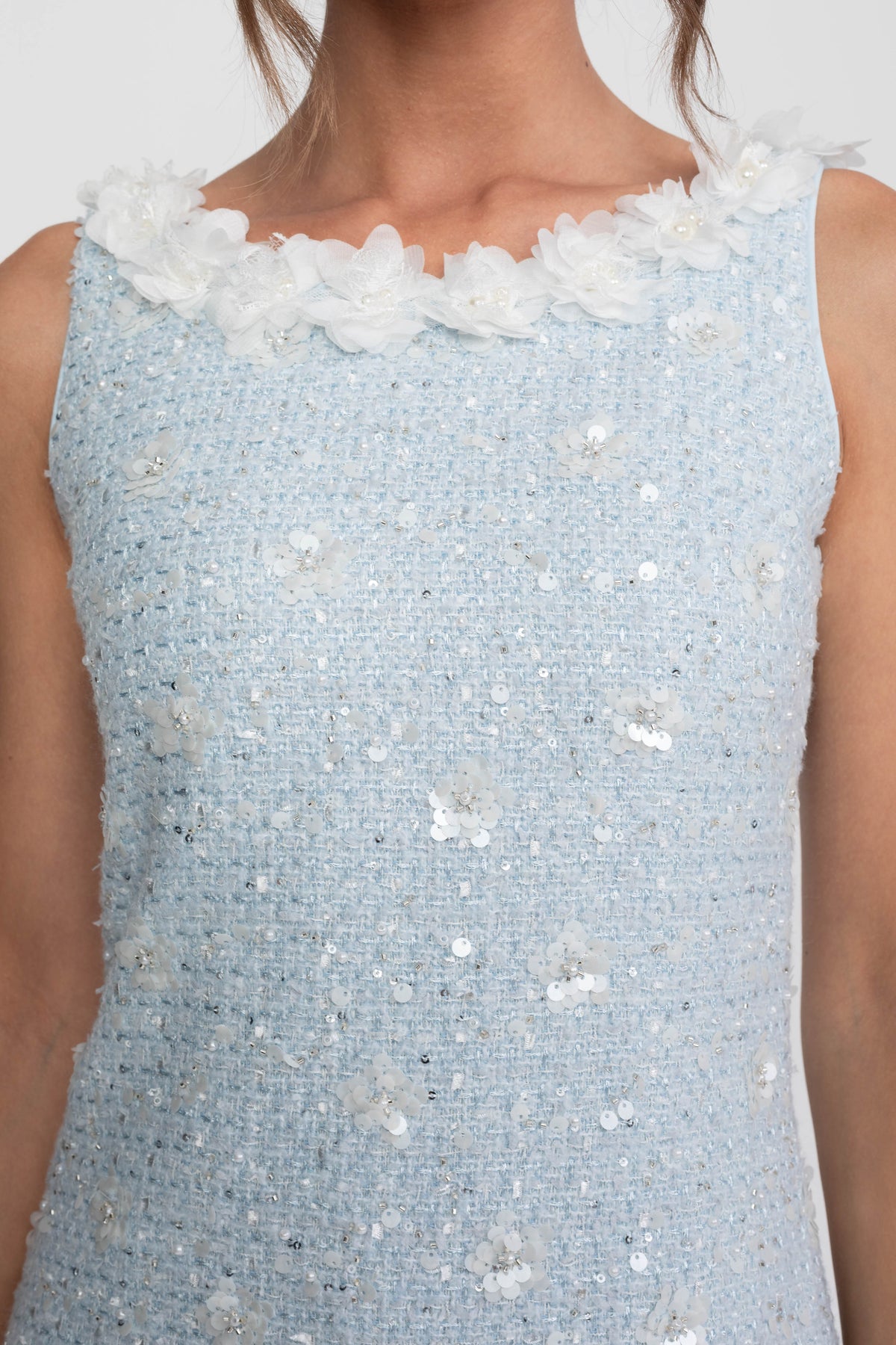 Ribbed Knit Mini Dress with Floral Embellished Neckline – Light Blue – view 7