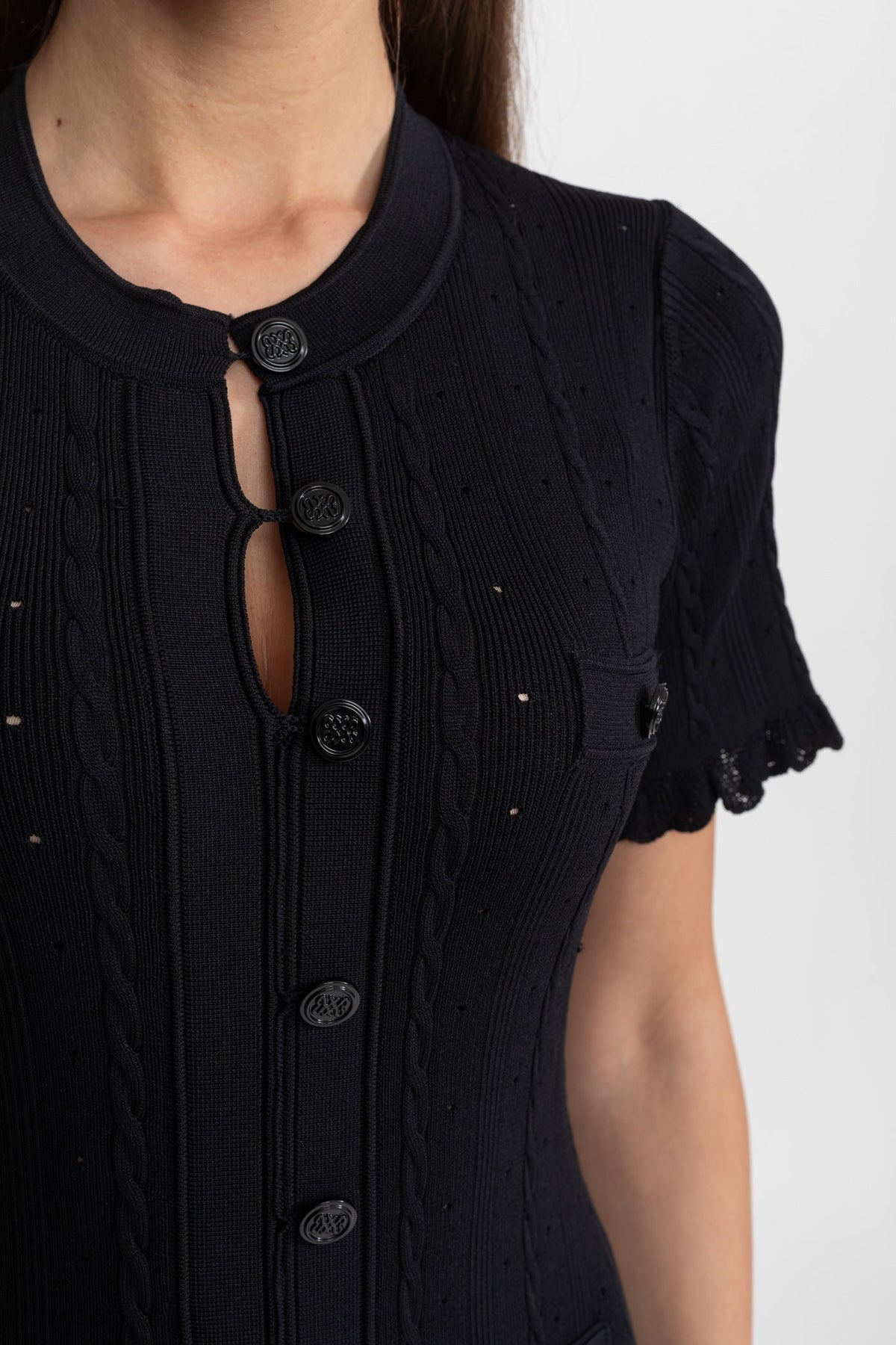 Knit Button-Front Midi Dress with Short Scalloped Sleeves – Black – view 7