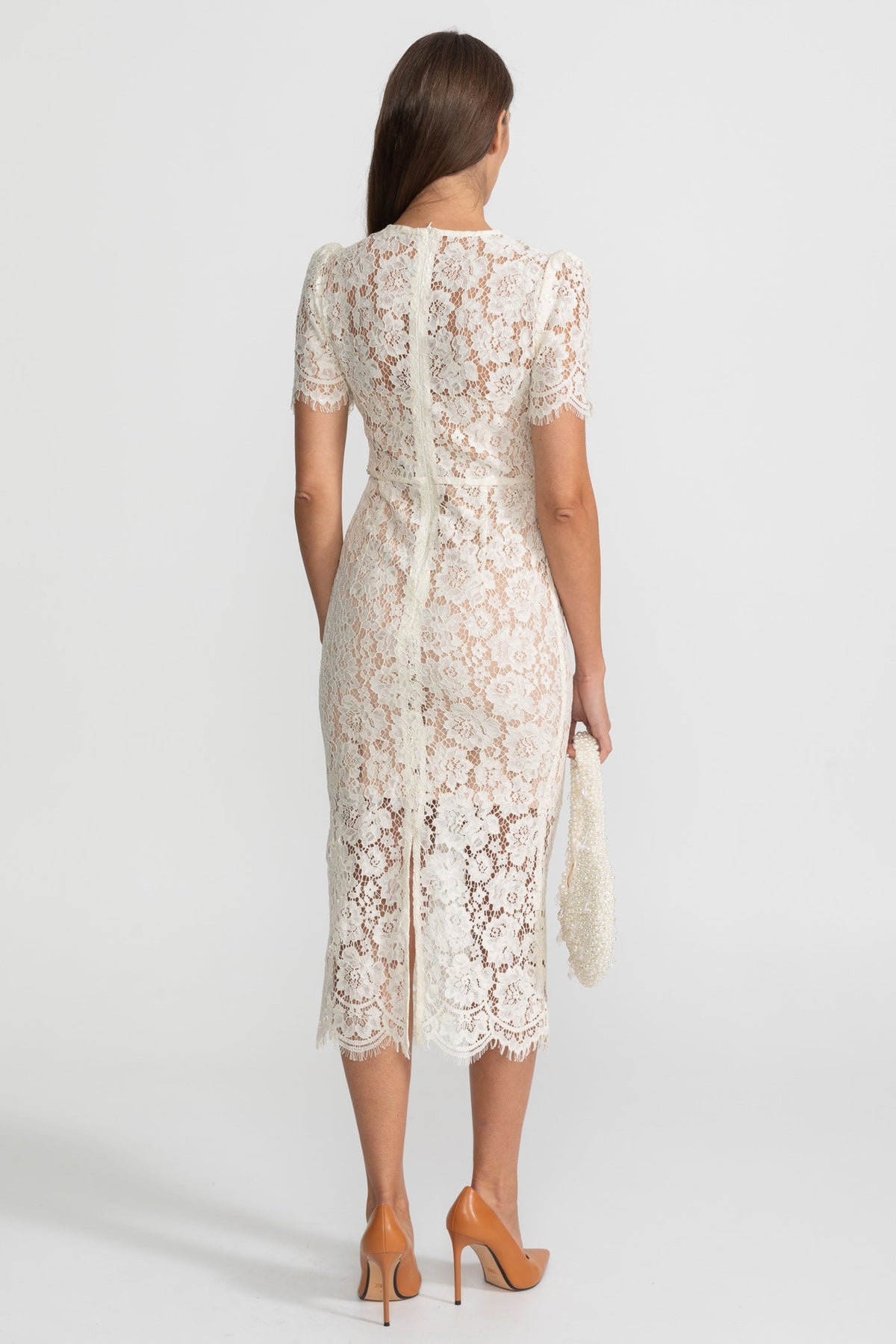 Floral Lace Scalloped Neck Midi Dress with Crystal Bows – Ivory