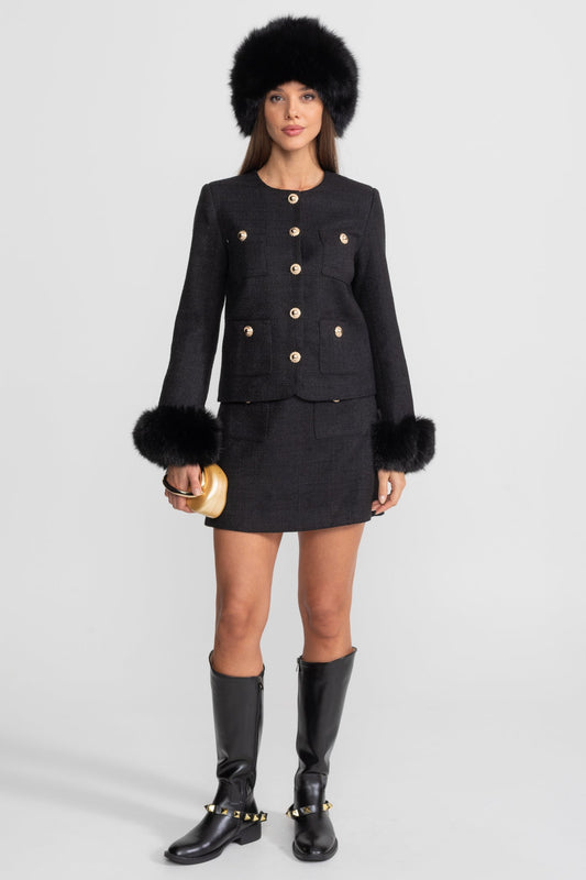 Round Neck Tweed Blazer with Faux Fur Cuffs and Gold Buttons – Black – view 2