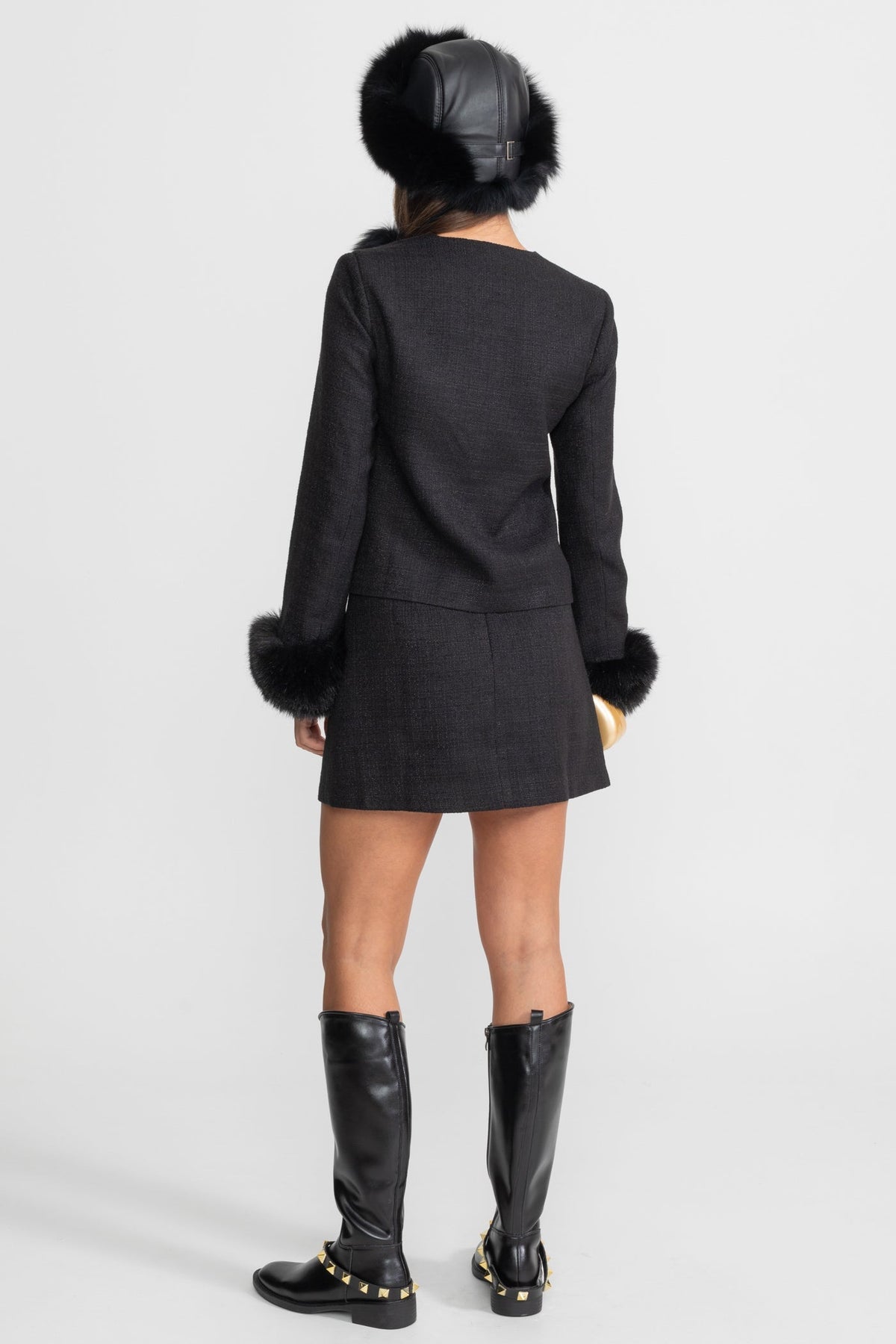 Round Neck Tweed Blazer with Faux Fur Cuffs and Gold Buttons – Black – view 8