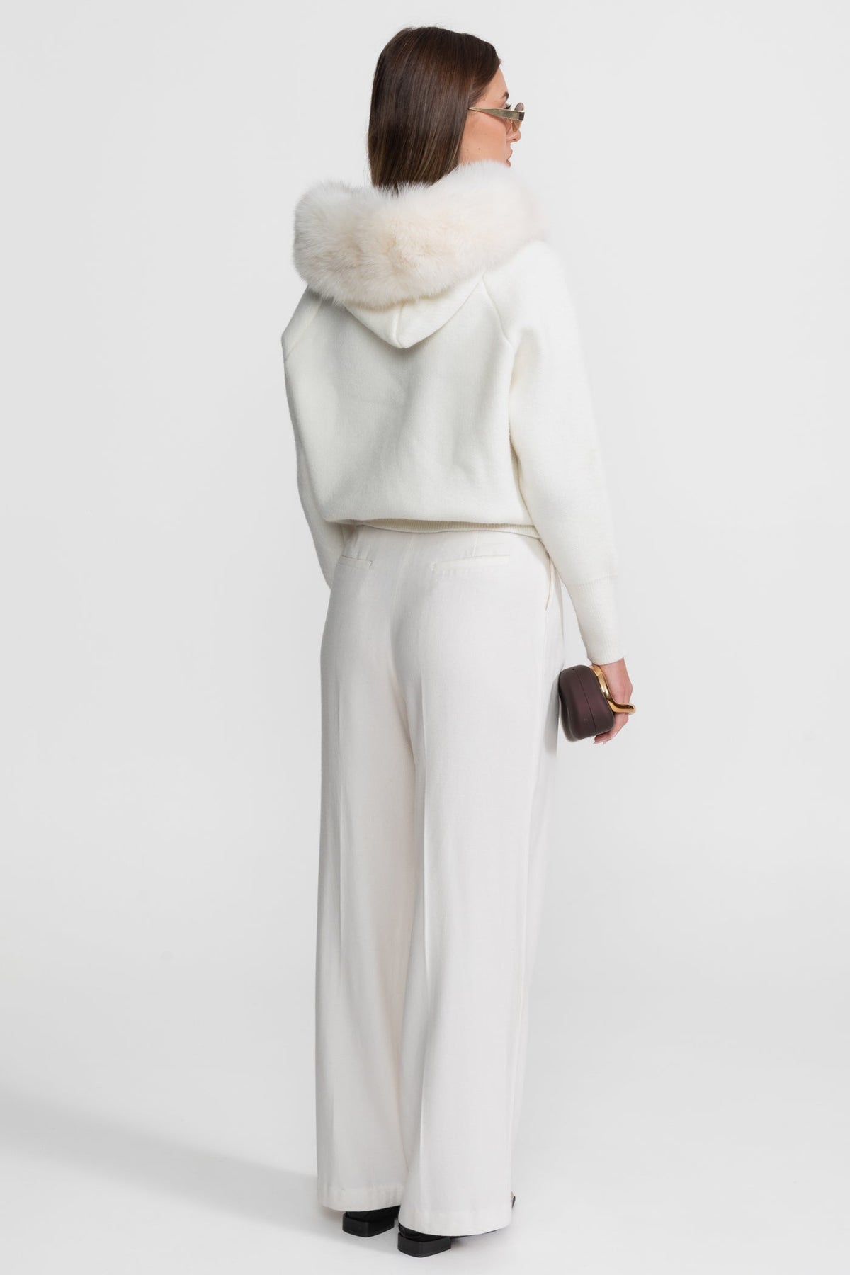 Zip-Up Wool Blend Knit Hoodie – Ivory – view 9