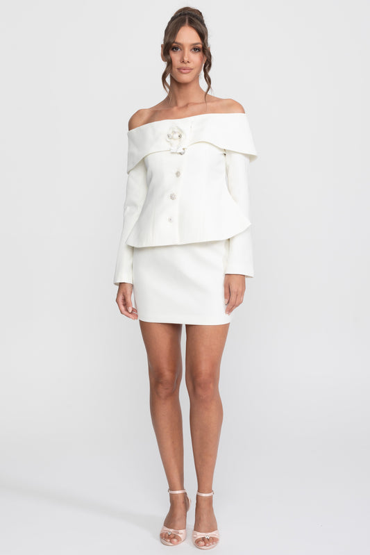 Off-Shoulder Peplum Top and Mini Skirt Co-ord Set with Crystal Brooch – White – view 2