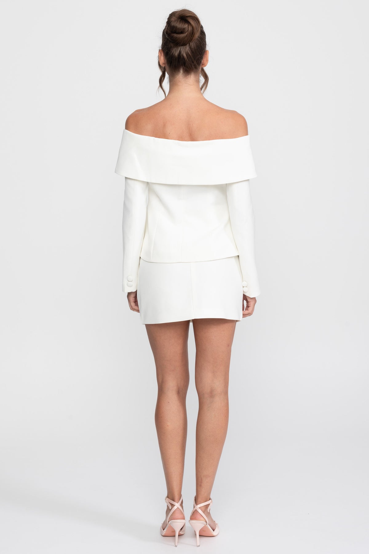 Off-Shoulder Peplum Top and Mini Skirt Co-ord Set with Crystal Brooch – White – view 8