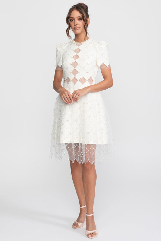 Pearl Trim Beaded Midi Dress with Diamond Mesh Cut-Outs – White – view 2