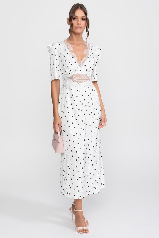 Satin Polka Dot Puff Sleeve Midi Dress with Lace Trim – White