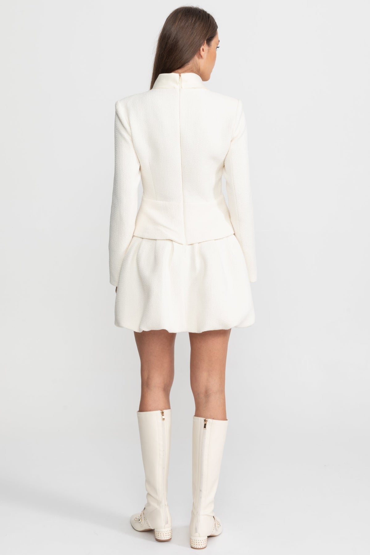 High Neck Long Sleeve Textured Mini Dress with Crystal Buttons – Ivory – view 8