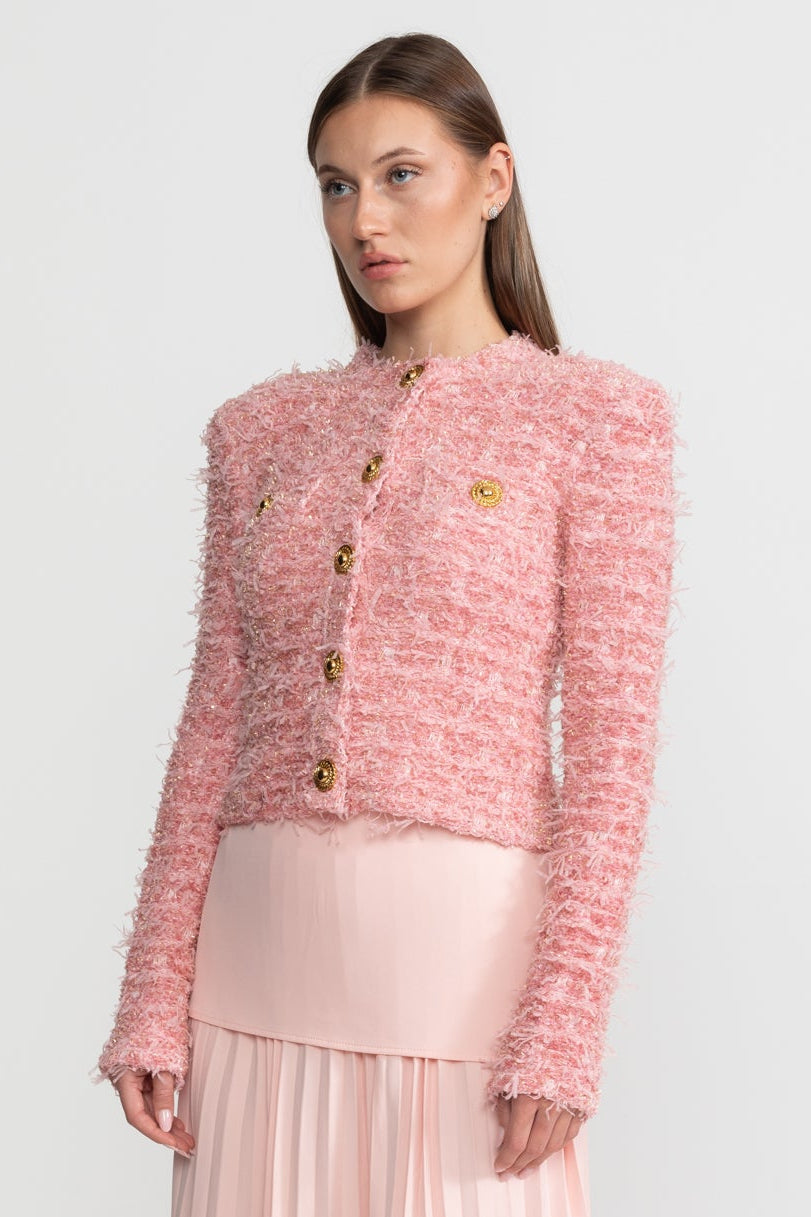 Round Neck Textured Tweed Jacket with Gold Buttons – Pink – view 7