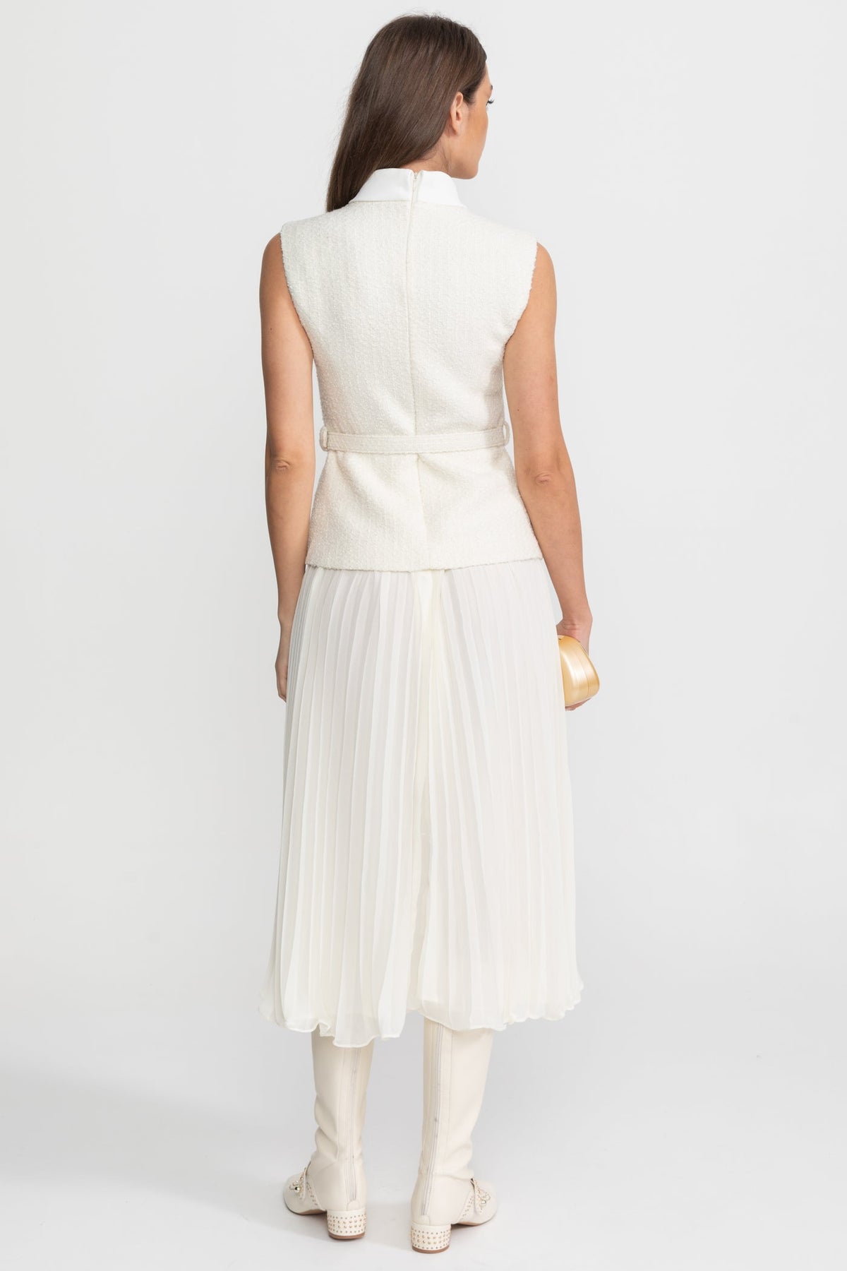 Sleeveless Textured Midi Dress with Pleated Chiffon Skirt – Ivory