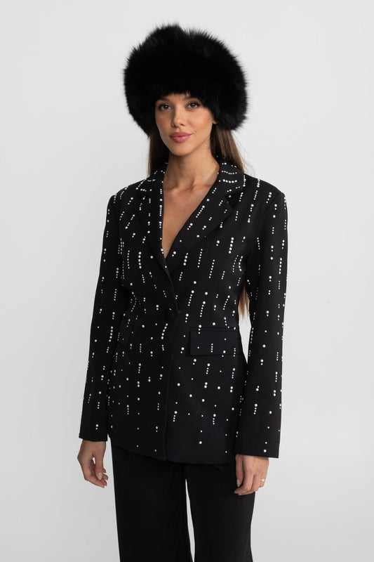 Double-Breasted Tailored Blazer with White Bead Embellishments – Black – view 2