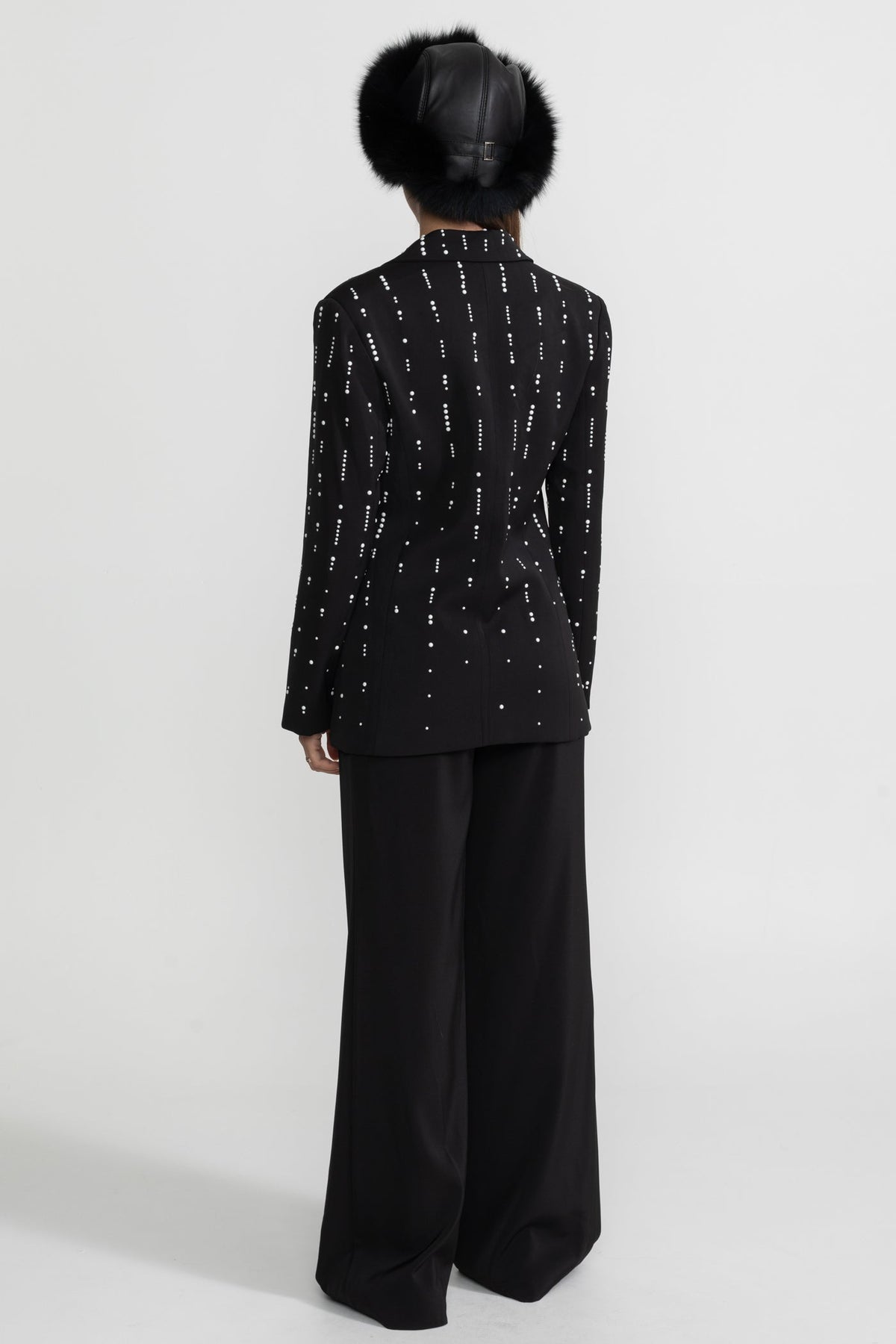 Double-Breasted Tailored Blazer with White Bead Embellishments – Black – view 9