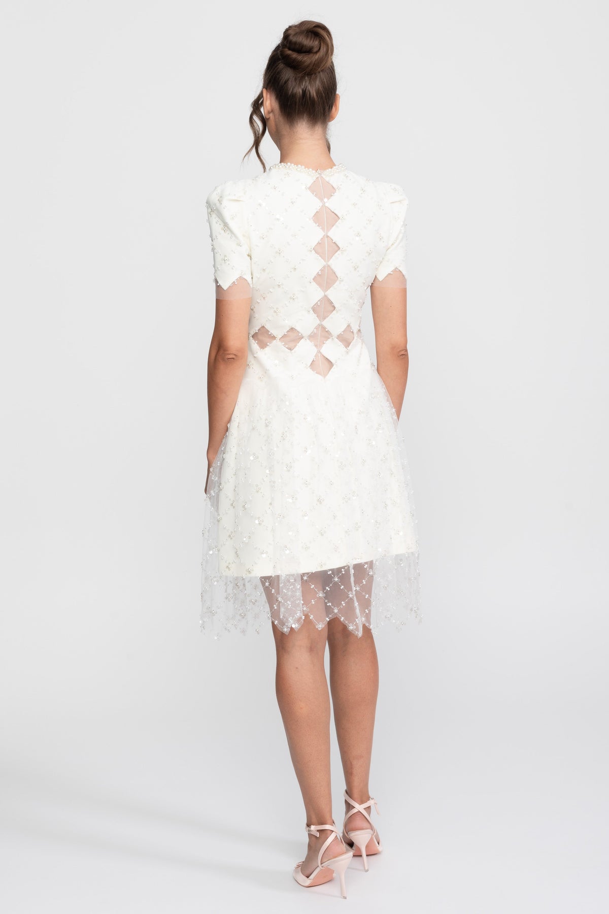 Pearl Trim Beaded Midi Dress with Diamond Mesh Cut-Outs – White – view 12