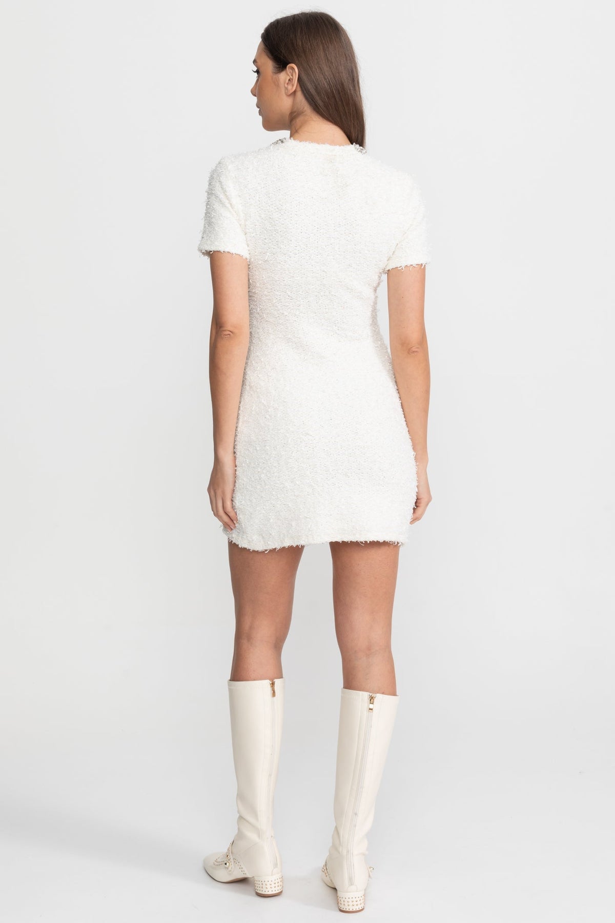 Tweed Short Sleeve Fitted Mini Dress with Crystal Buttons – White