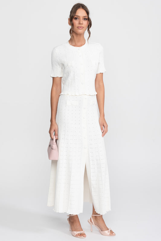 Ribbed Knit Cropped Cardigan and Pleated Maxi Skirt Set – White – view 2