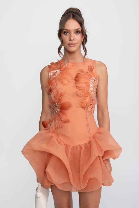 3D Feather Appliqué Sleeveless Peplum Mini Dress with Crystal Beads – Orange