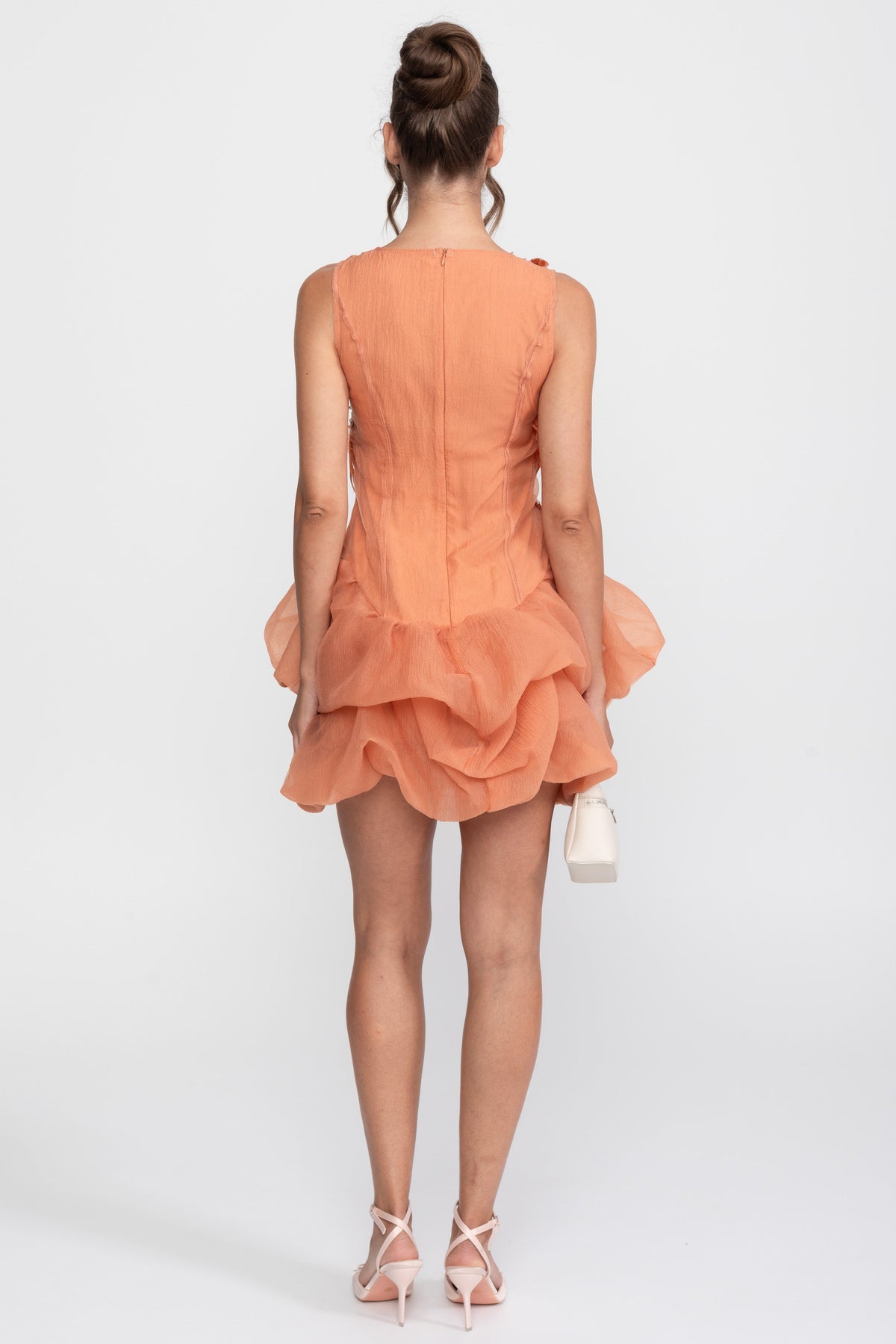 3D Feather Appliqué Sleeveless Peplum Mini Dress with Crystal Beads – Orange