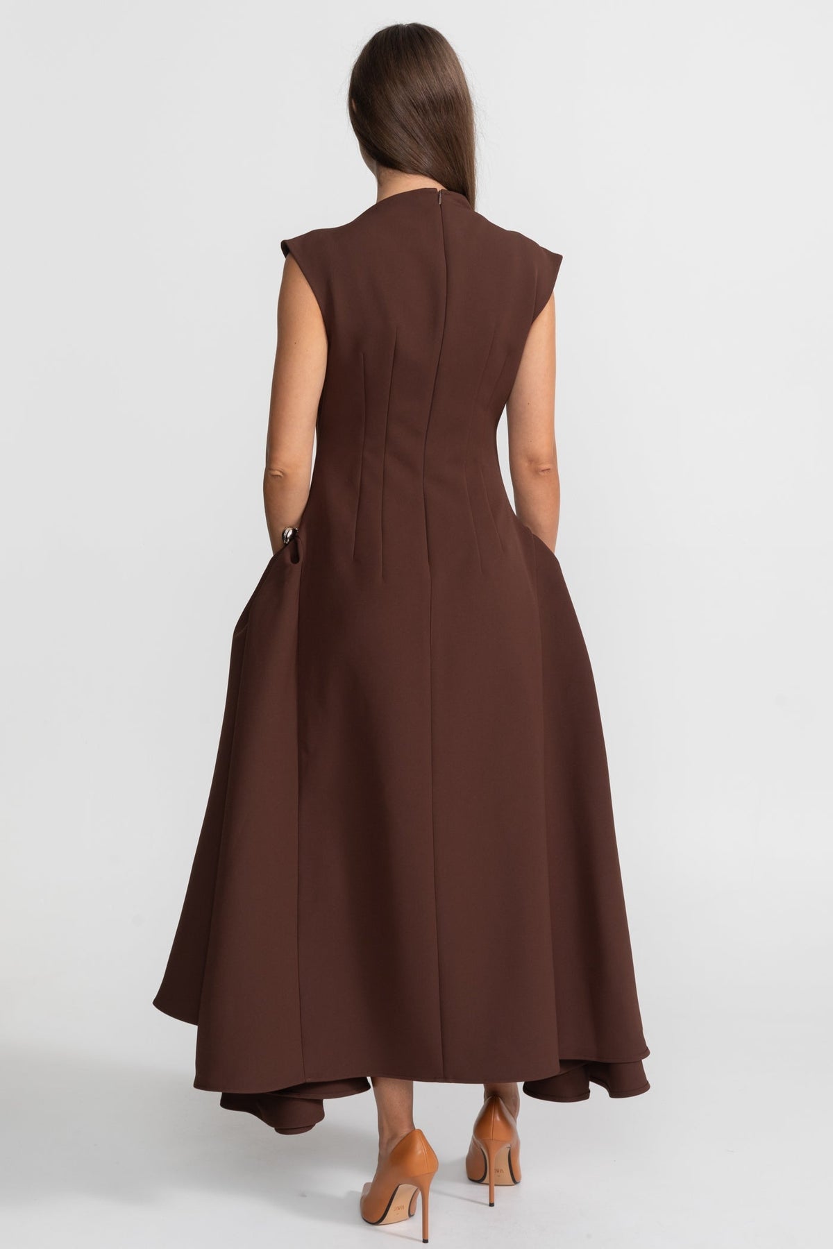 Cap Sleeve Sculptural Crepe Midi Dress with High-Low Hem – Brown – view 8