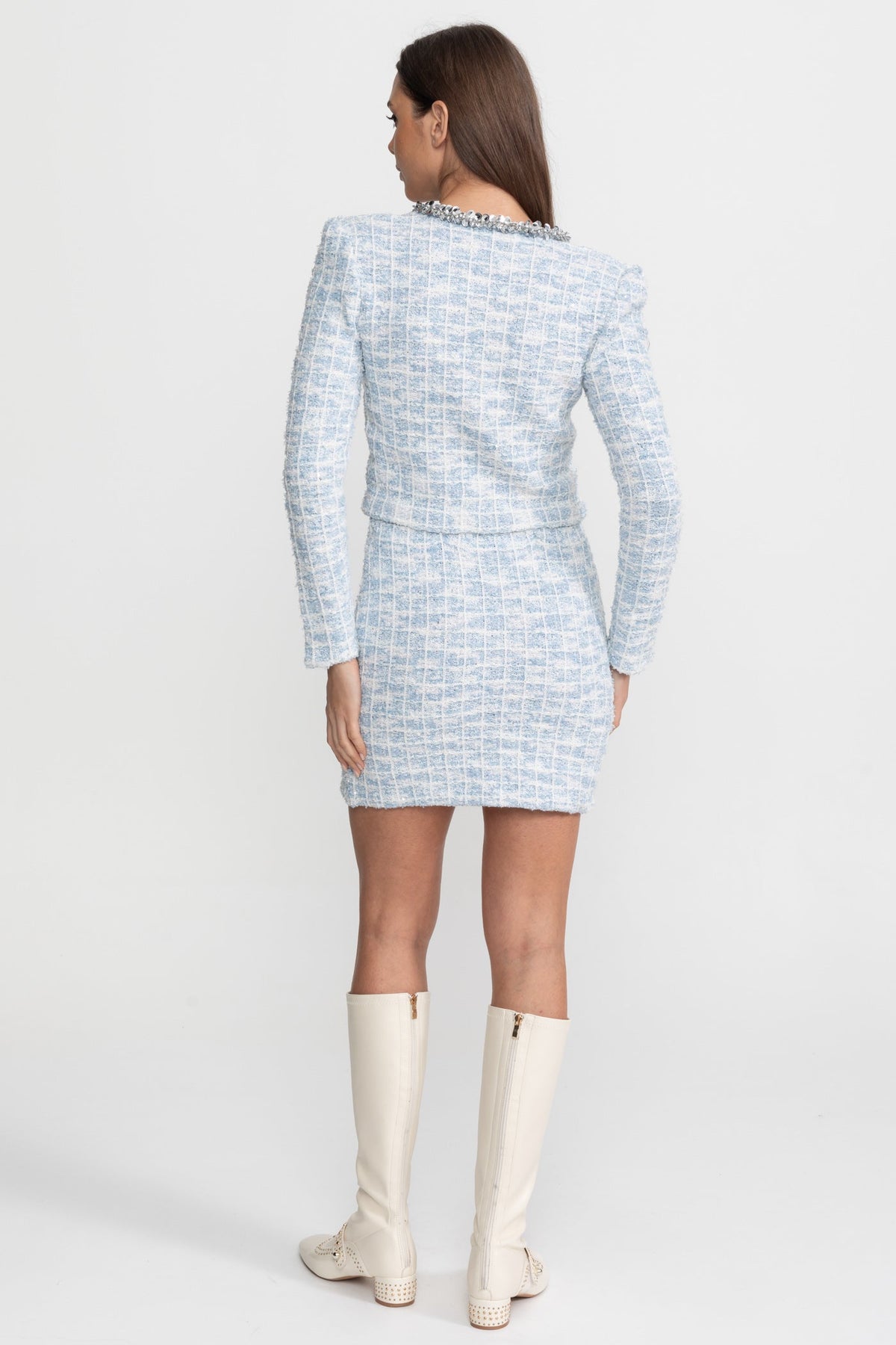 Crystal Trim Tweed Jacket and Mini Skirt Co-ord Set – Light Blue