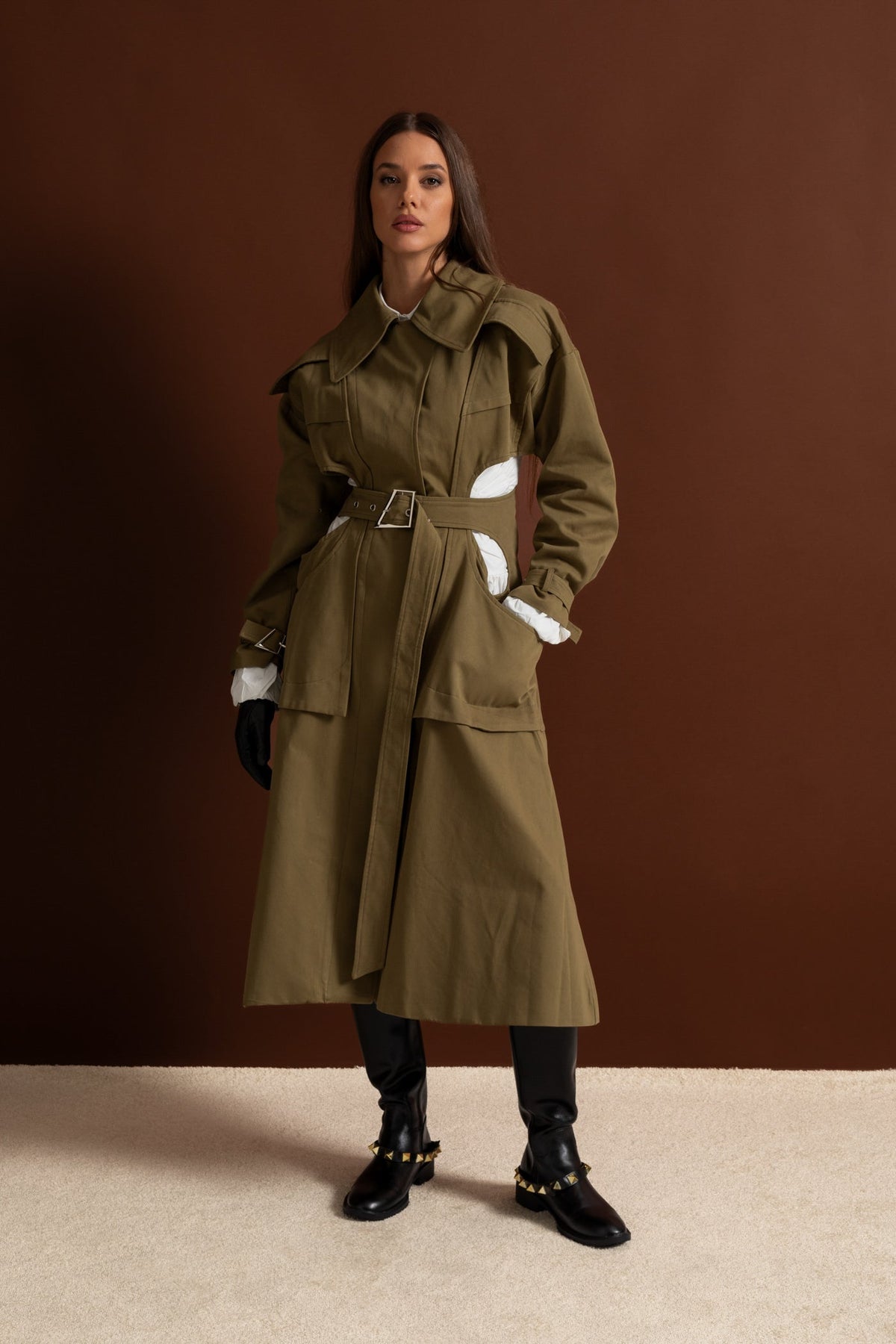 Cut-Out Trench Coat with Belted Waist and Utility Pockets – Khaki – view 9