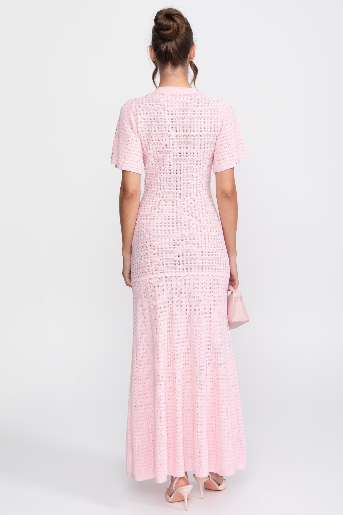 Shimmer Knit Button Front Midi Dress with Pleated Skirt – Pink – view 9