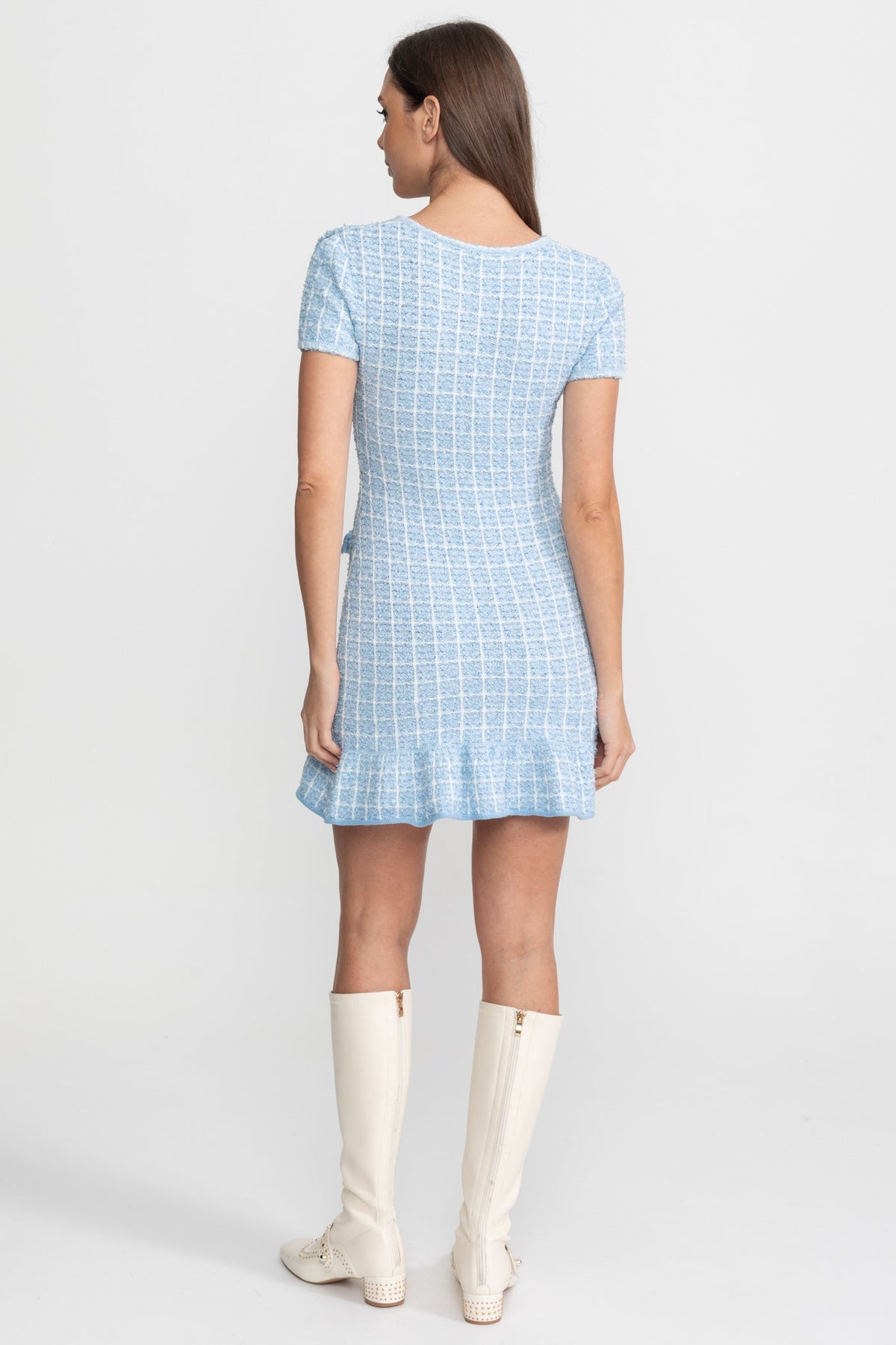 Check Tweed Short Sleeve Mini Dress with Crystal Bow – Light Blue – view 8