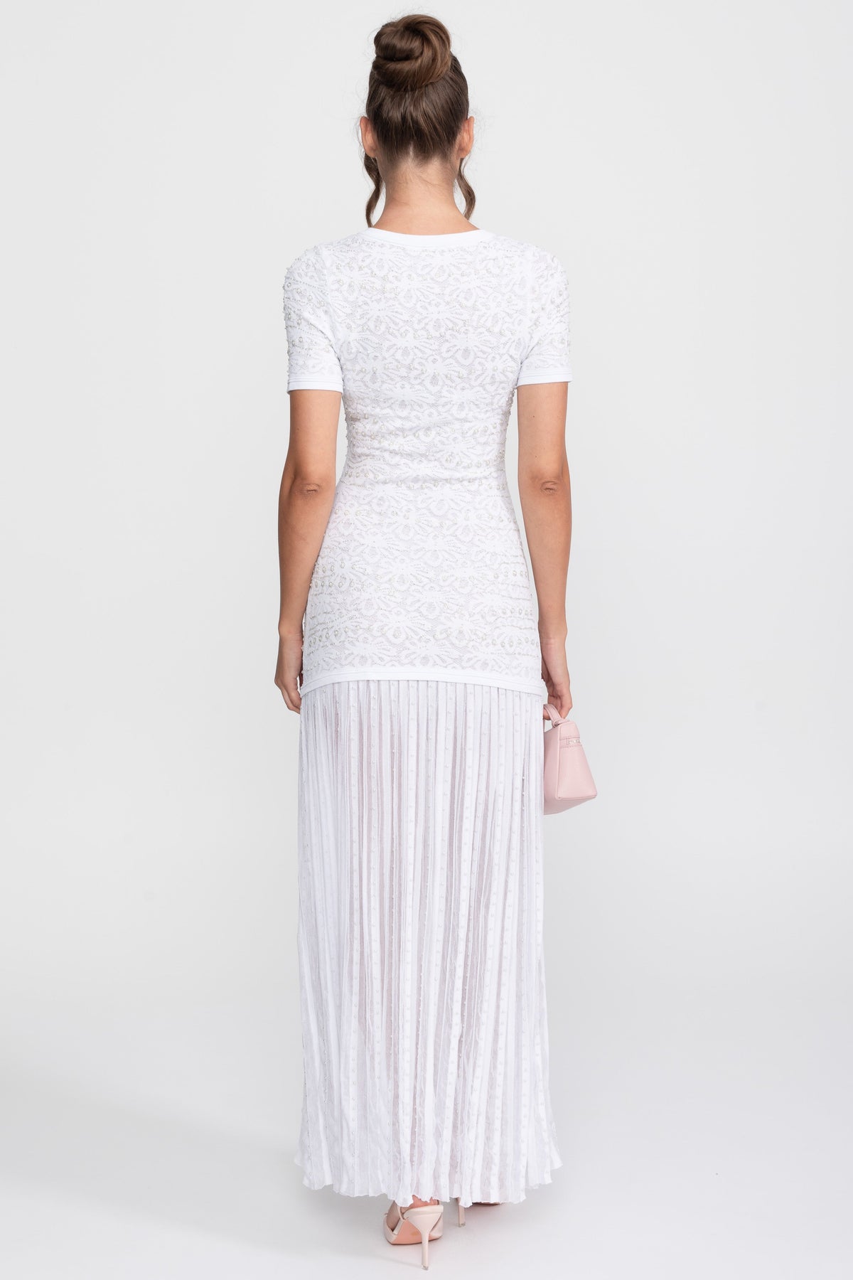 Pearl Embellished Short Sleeve Midi Dress with Pleated Skirt – White – view 15