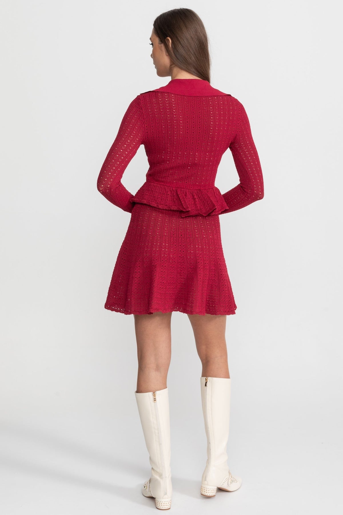 Pointelle Knit Long Sleeve Peplum Mini Dress with Gold Buttons – Dark Red – view 7