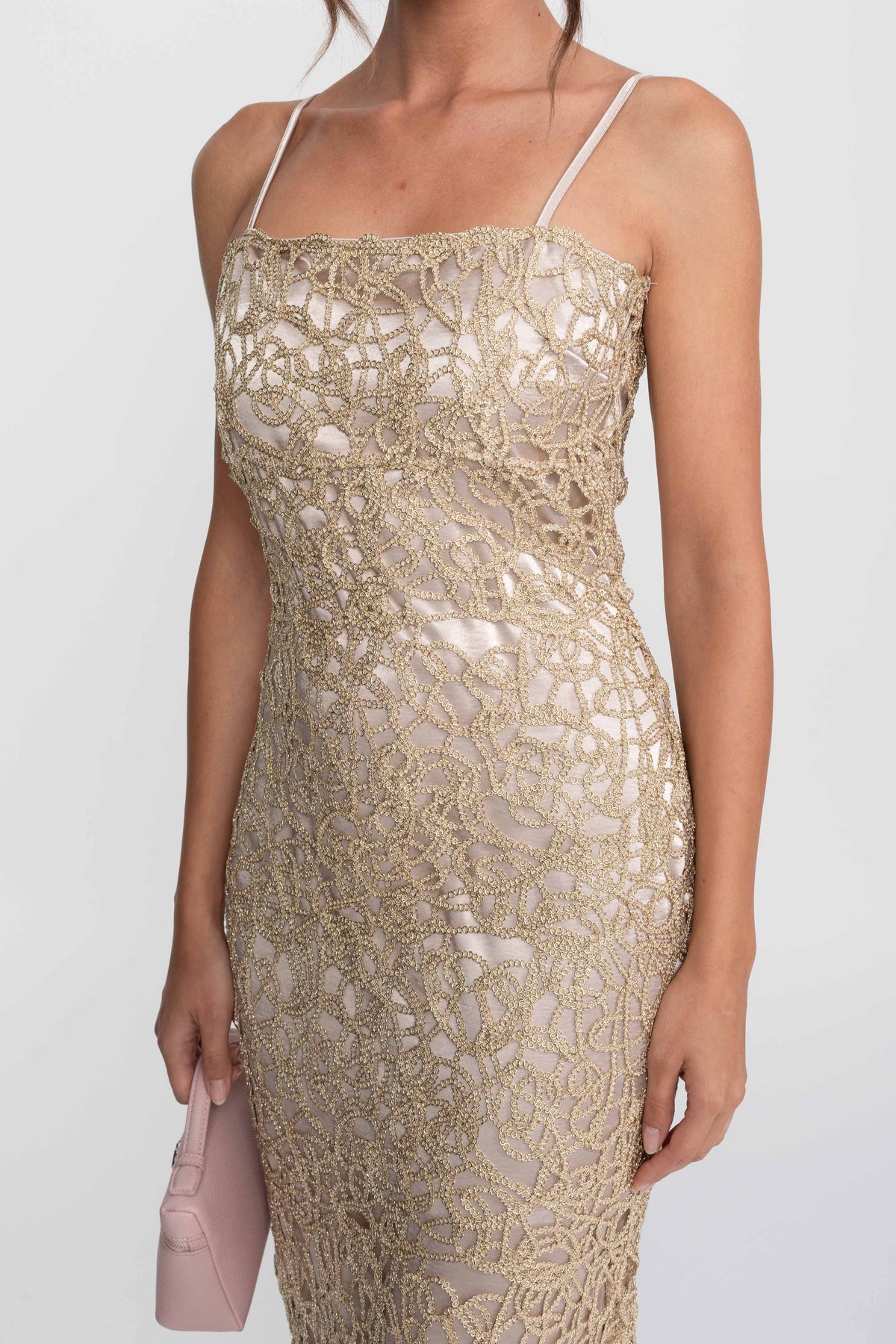 Metallic Crochet Lace Square Neck Sheath Midi Dress – Gold