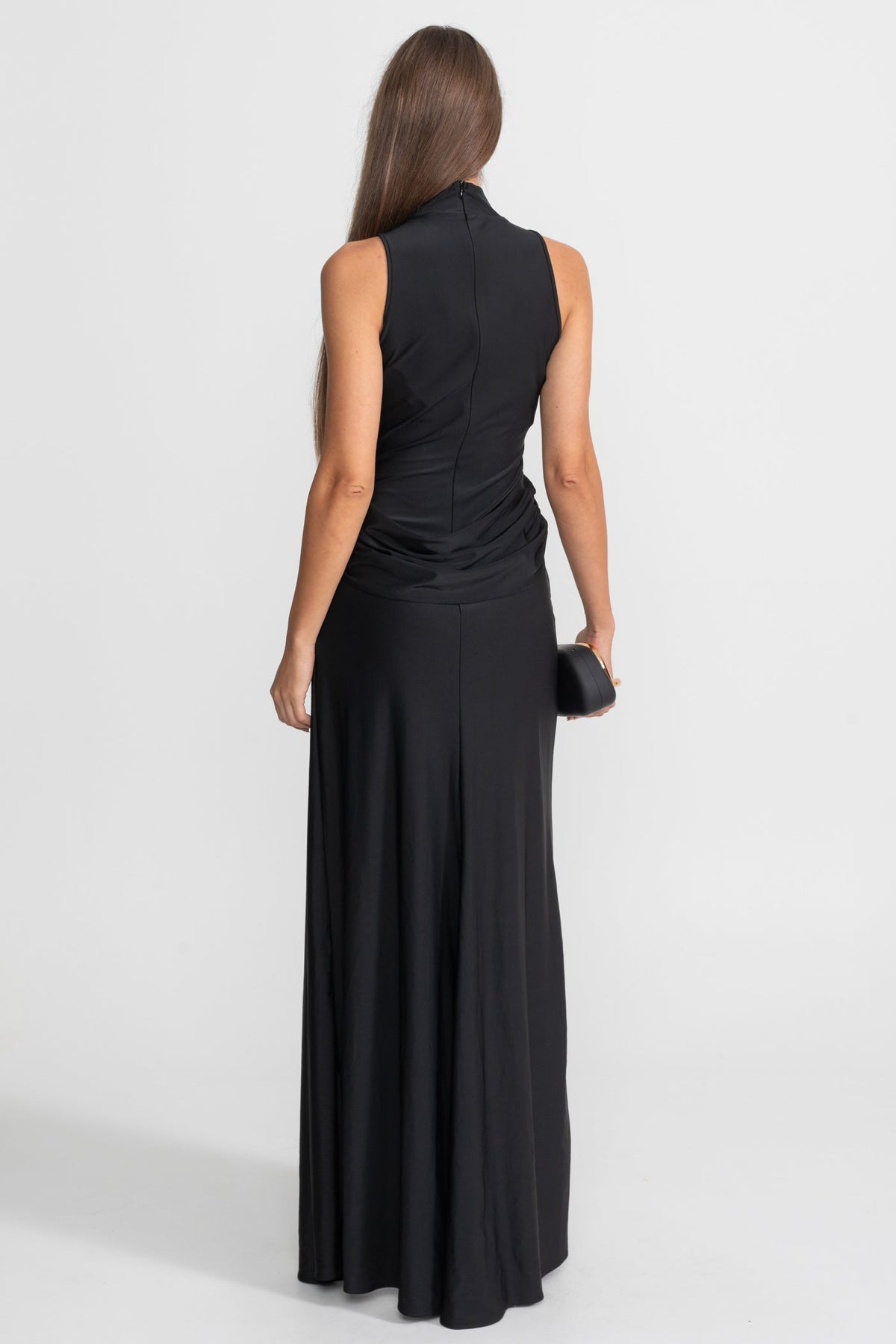 High Neck Sleeveless Maxi Dress with Draped Waist and Side Slit – Black