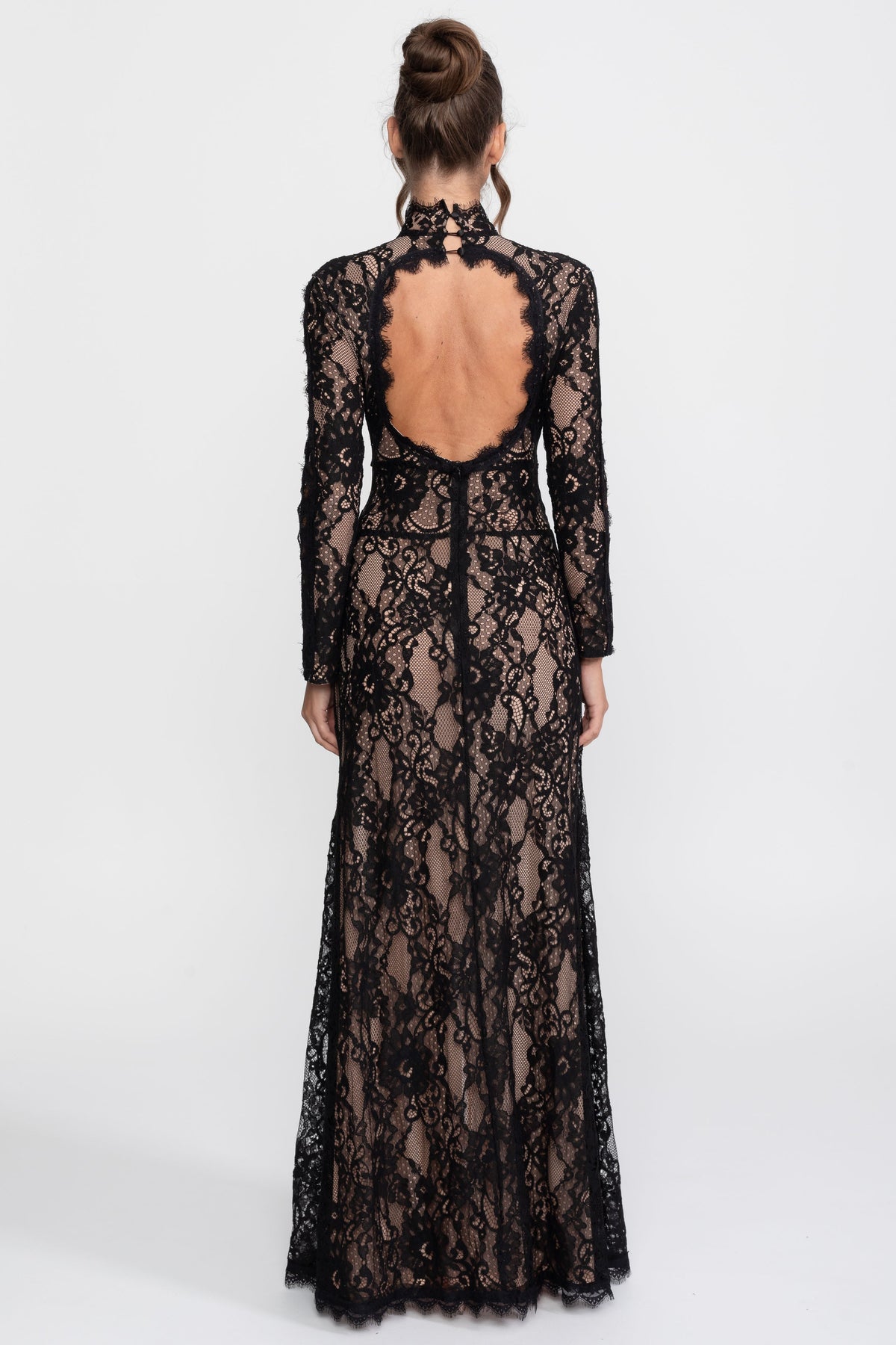 High Neck Long Sleeve Lace Gown with Cutouts and Front Slit – Black – view 14