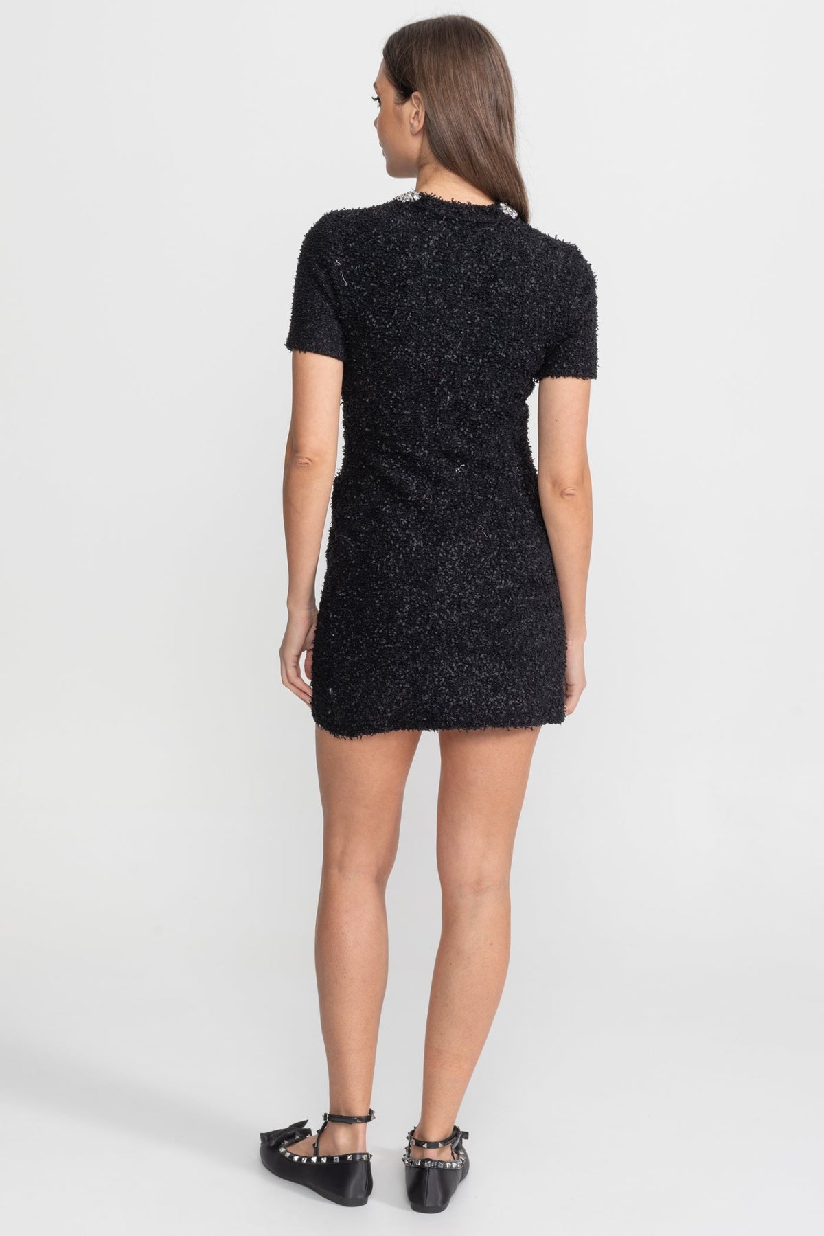 Tweed Short Sleeve Fitted Mini Dress with Crystal Buttons – Black