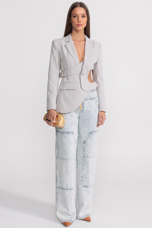 Asymmetric Cut-Out Blazer with Notched Lapels and Belt – Light Grey