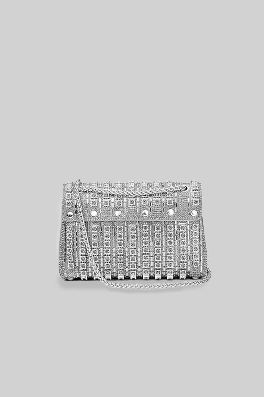 Woven Rhinestone Embellished Evening Bag with Chain Strap – Silver – view 6