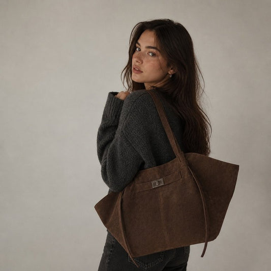 Dina Bat-Wing Faux Suede Shoulder Bag with Adjustable Strap – Brown