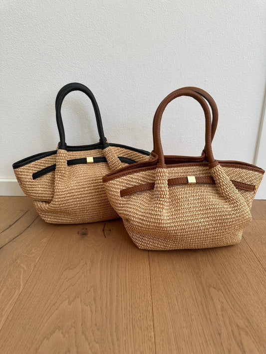 Francia Small Woven Straw Tote Bag with Leather-Look Trim