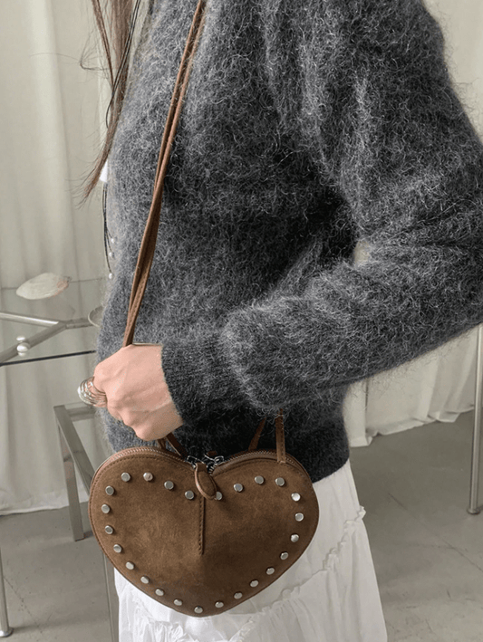 Jane Heart-Shaped Faux Suede Crossbody Bag with Rivet Detail – view 2