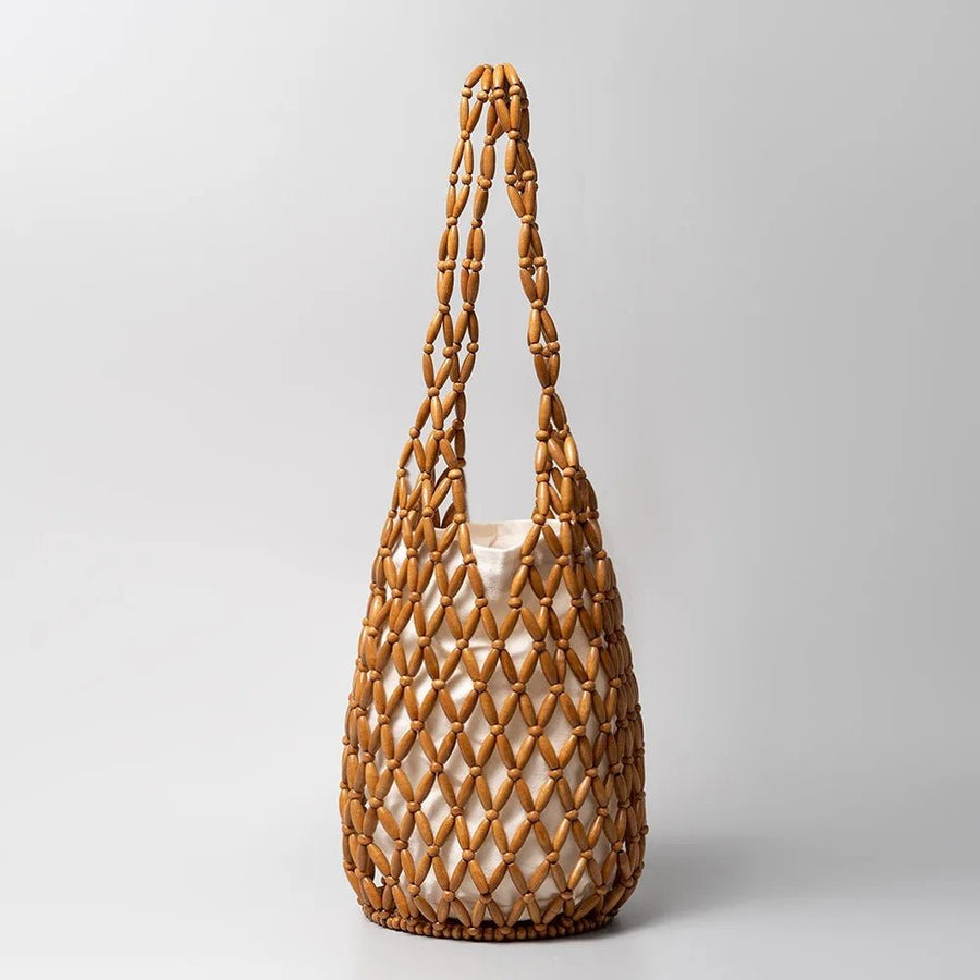 Margot Handmade Woven Bucket Tote with Wooden Bead Accents