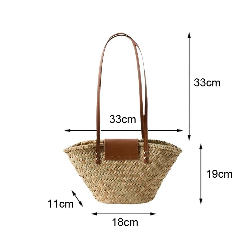 Aisea Woven Rattan-Style Straw Shoulder Bag with Magnetic Snap – Beige