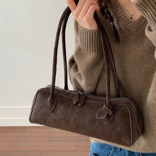 Adora Faux Suede Baguette Bag with Top Zip and Adjustable Strap