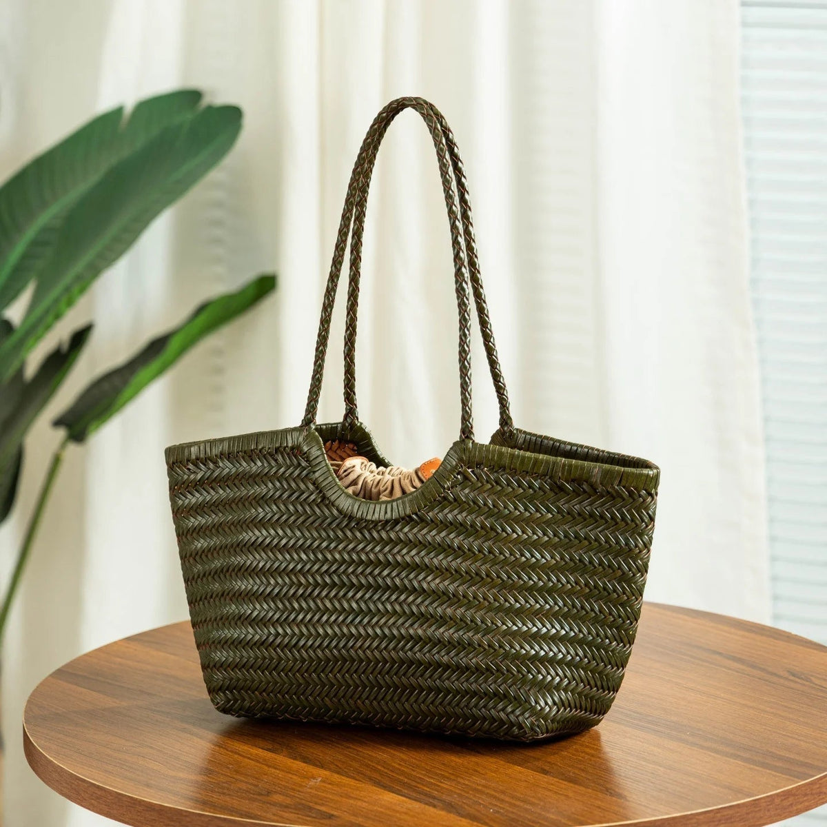 Bianca Handwoven Vegan Leather Tote Bag with Shoulder Straps