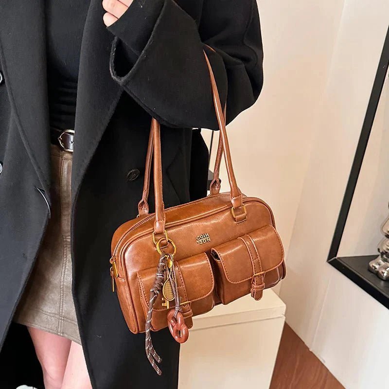 Jessa Multi-Pocket Vegan Leather Handbag with Zip Closure
