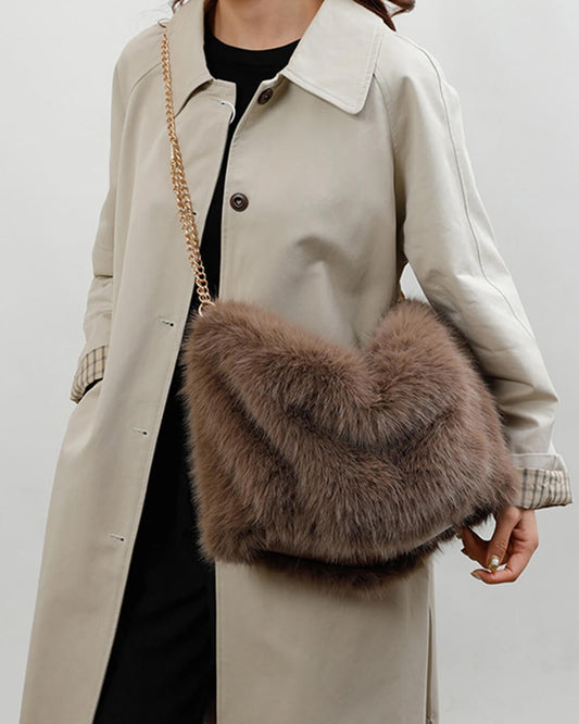 Loreen Pleated Faux Fur Tote Bag with Metal Chain Strap