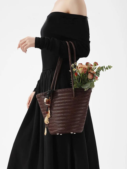 Meryl Woven Bucket Bag with Removable Pouch and Adjustable Strap