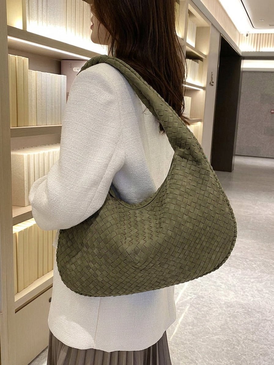 XL Woven Faux Suede Shoulder Bag with Braided Panels