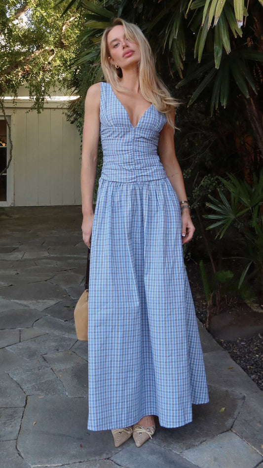 Sanya V-Neck A-Line Maxi Dress with Gathered Waist – Blue Check – view 2
