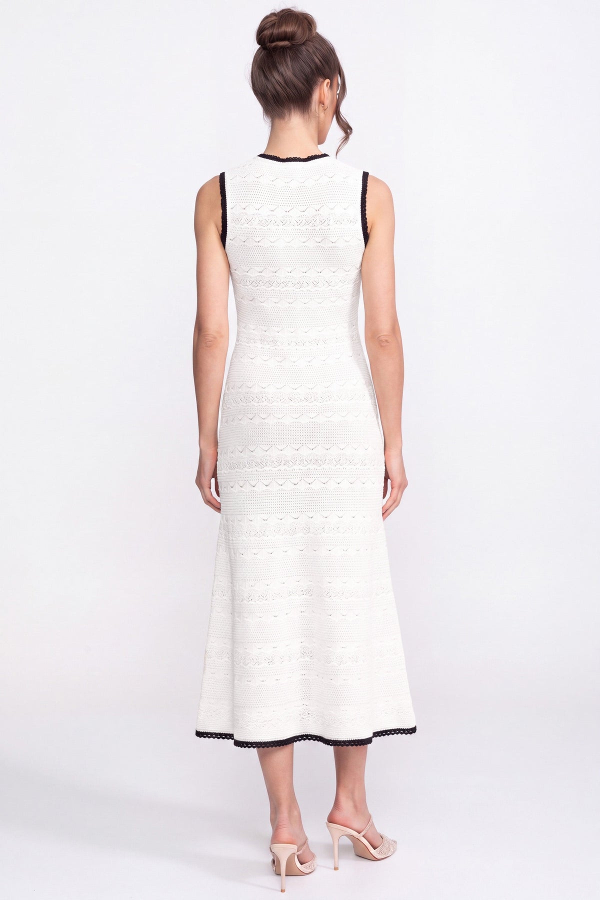 Sleeveless Crochet Knit Midi Dress with Black Trim and Bow – White – view 6